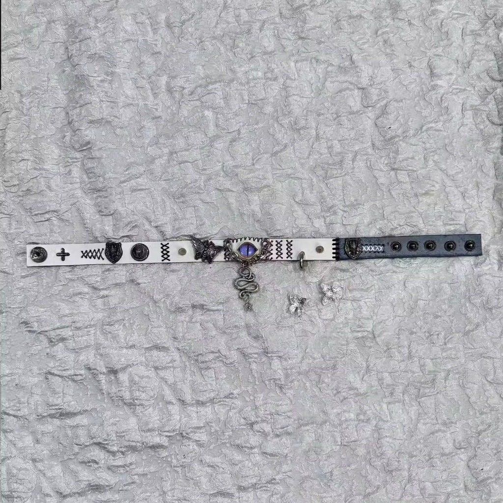 2-in-1 Gothic White Leather Choker & Wrap Bracelet - Purple Dragon Eye Snake & Moth Necklace - Grunge Silver Charms