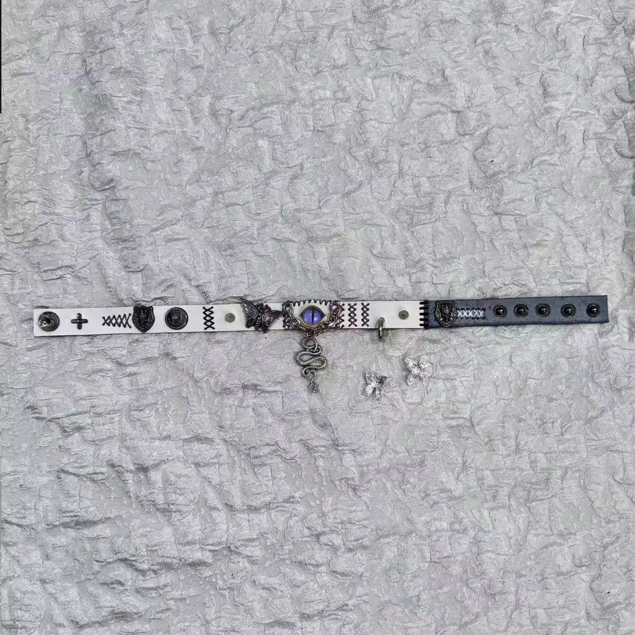2-in-1 Gothic White Leather Choker & Wrap Bracelet - Purple Dragon Eye Snake & Moth Necklace - Grunge Silver Charms