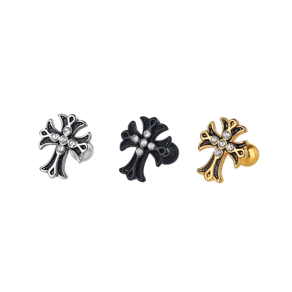 16G CZ Chrome Hearts Style Cross Stainless Steel Ear Studs