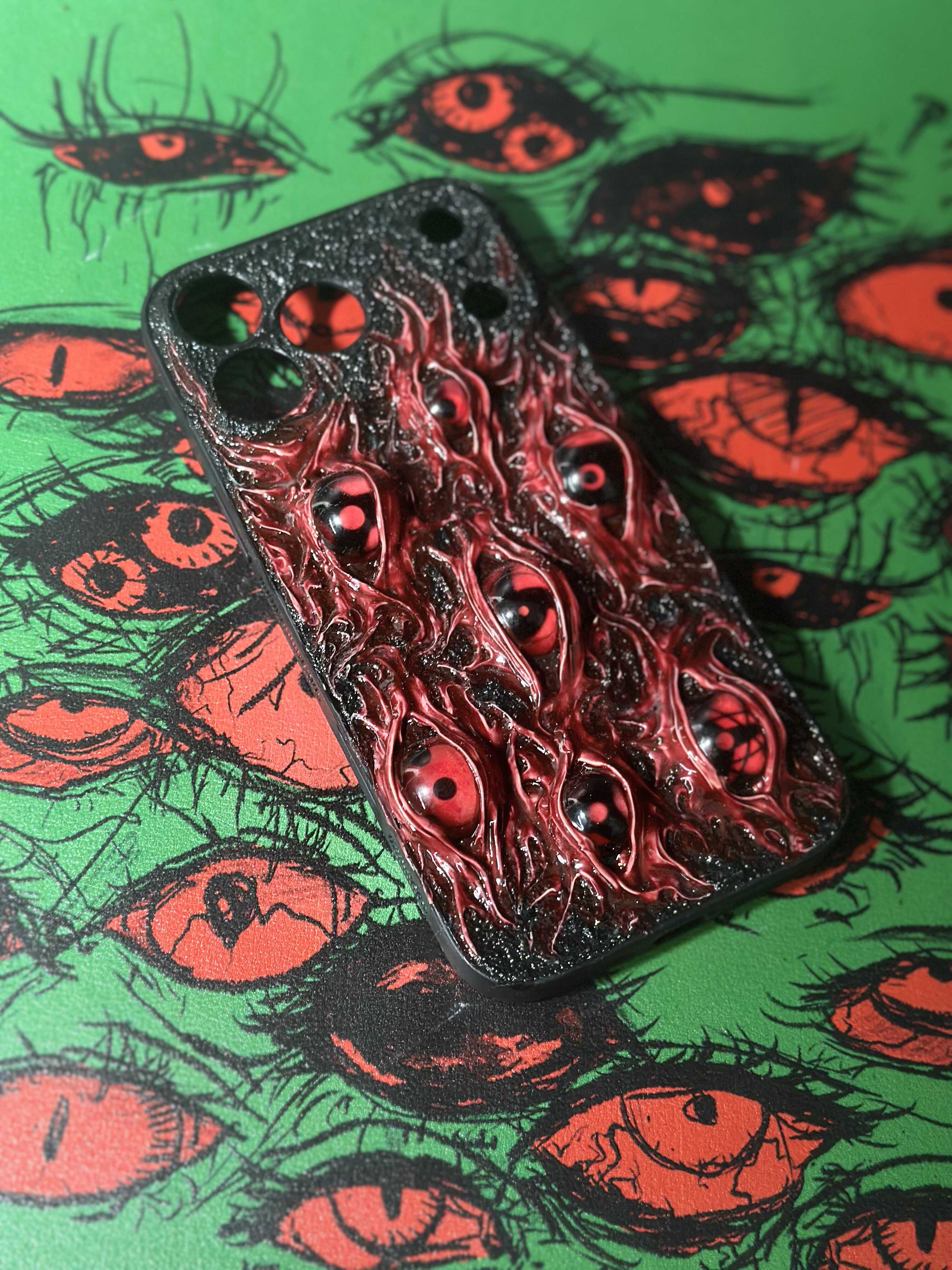 Uchiha Nightmare: Handmade Red Flesh Case with Multiple Sharingan Eyes (3D Texture)