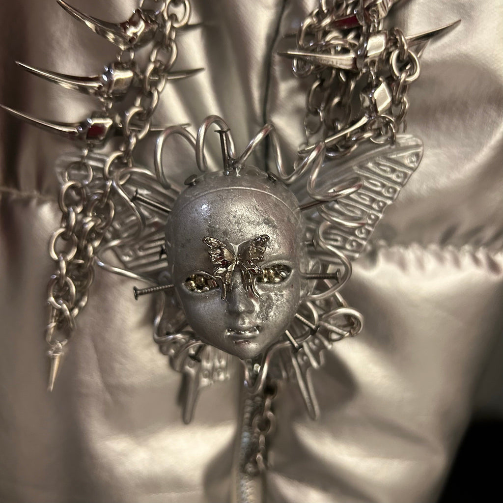 Cyberpunk Silver Metallic Butterfly Doll Face Necklace - Wire Wrapped & Spiked Chains