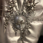 Cyberpunk Silver Metallic Butterfly Doll Face Necklace - Wire Wrapped & Spiked Chains