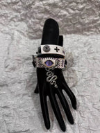 2-in-1 Gothic White Leather Choker & Wrap Bracelet - Purple Dragon Eye Snake & Moth Necklace - Grunge Silver Charms