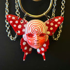 Red Graffiti Leather Spiked Choker with Spiral Doll Face & Spotted Butterfly Wings