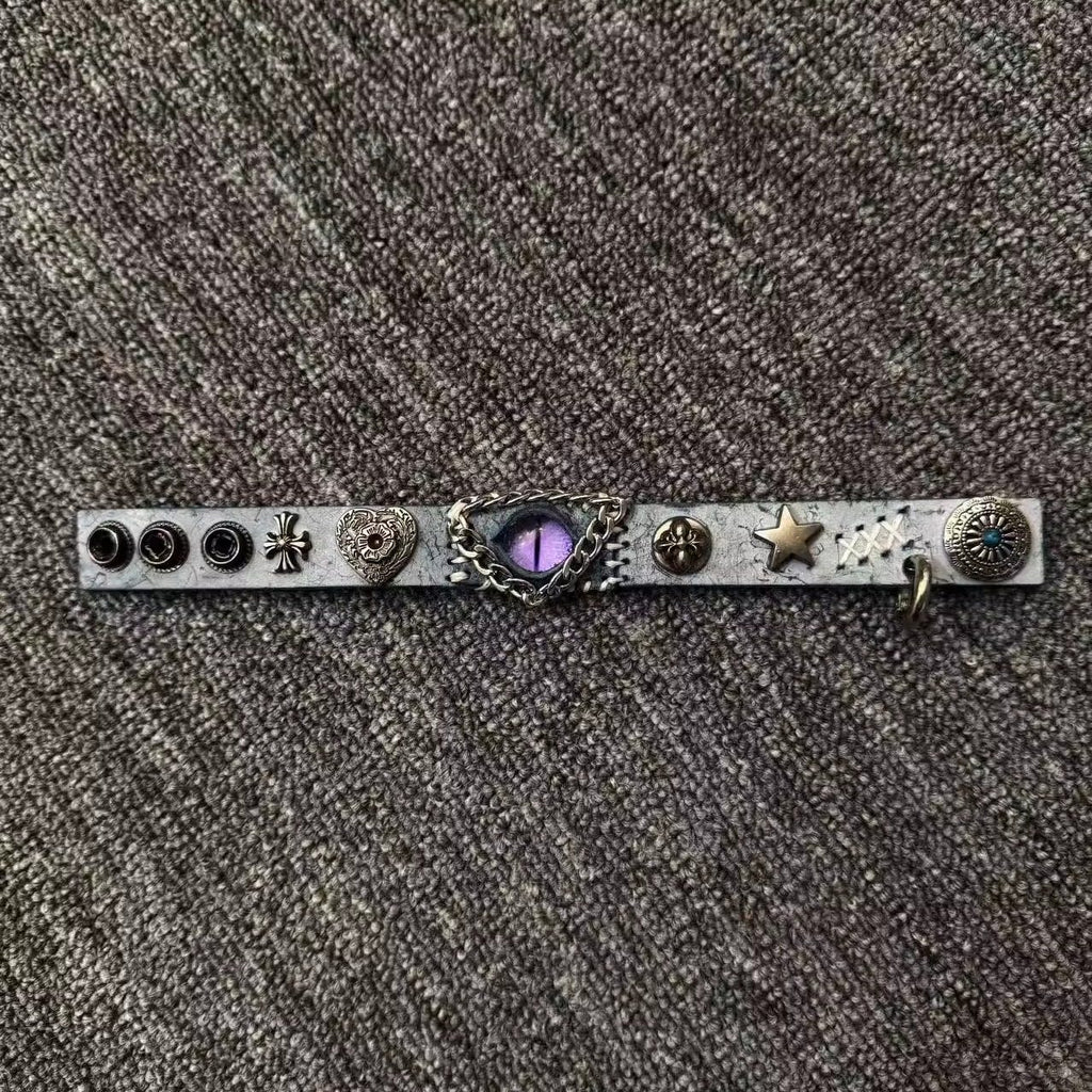 Celestial Ice Blue Leather Bracelet - Purple Dragon Eye Cuff - Star Studded Fantasy Wristband - Galaxy Aesthetic