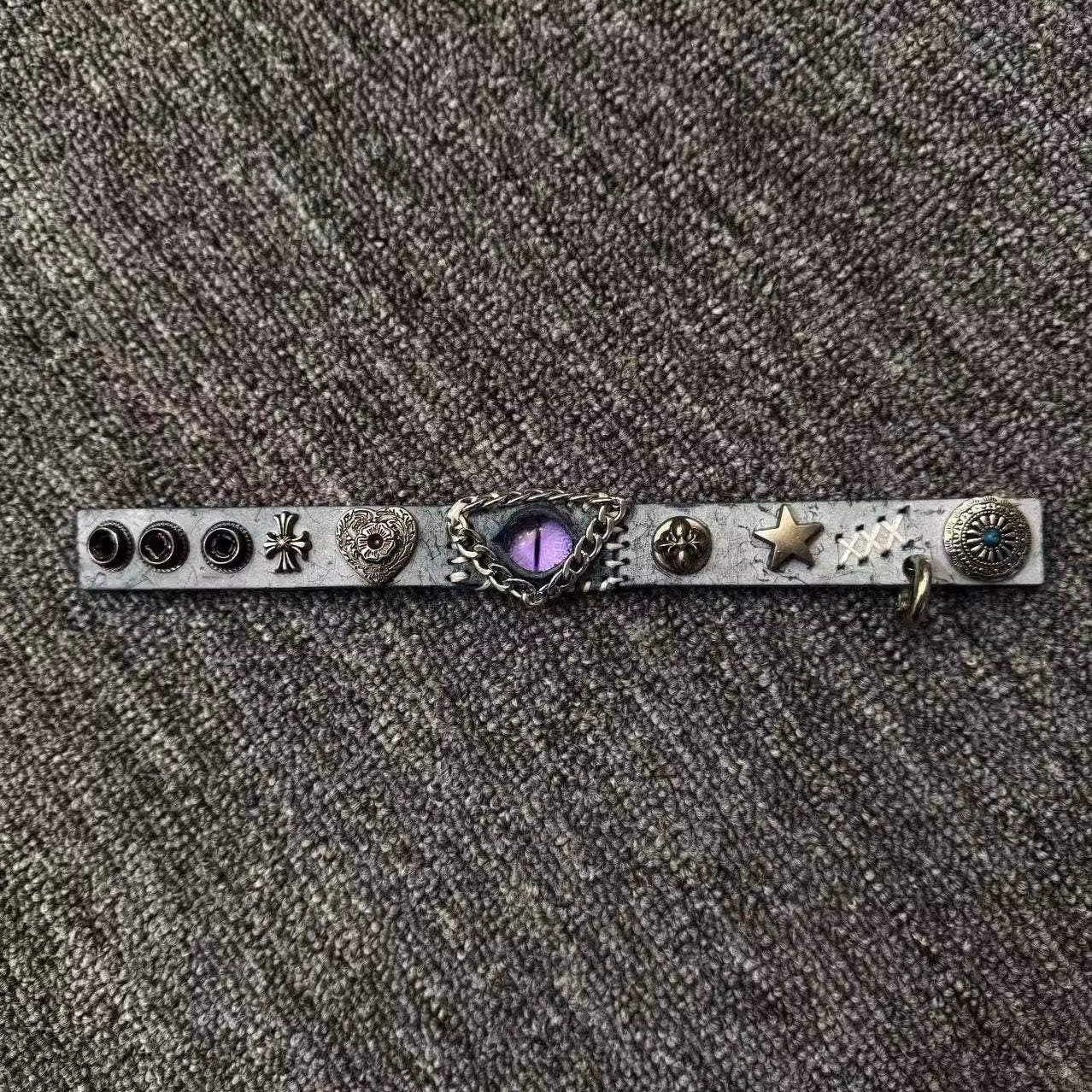 Celestial Ice Blue Leather Bracelet - Purple Dragon Eye Cuff - Star Studded Fantasy Wristband - Galaxy Aesthetic