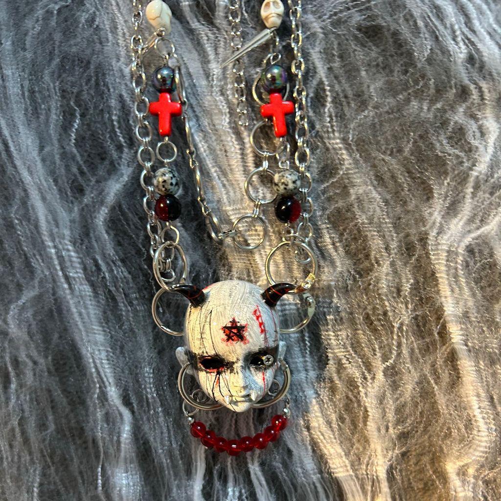Occult Vampire Demon Doll Face Necklace - Bloody Pentagram, Fangs & Heavy Chains With Chocker