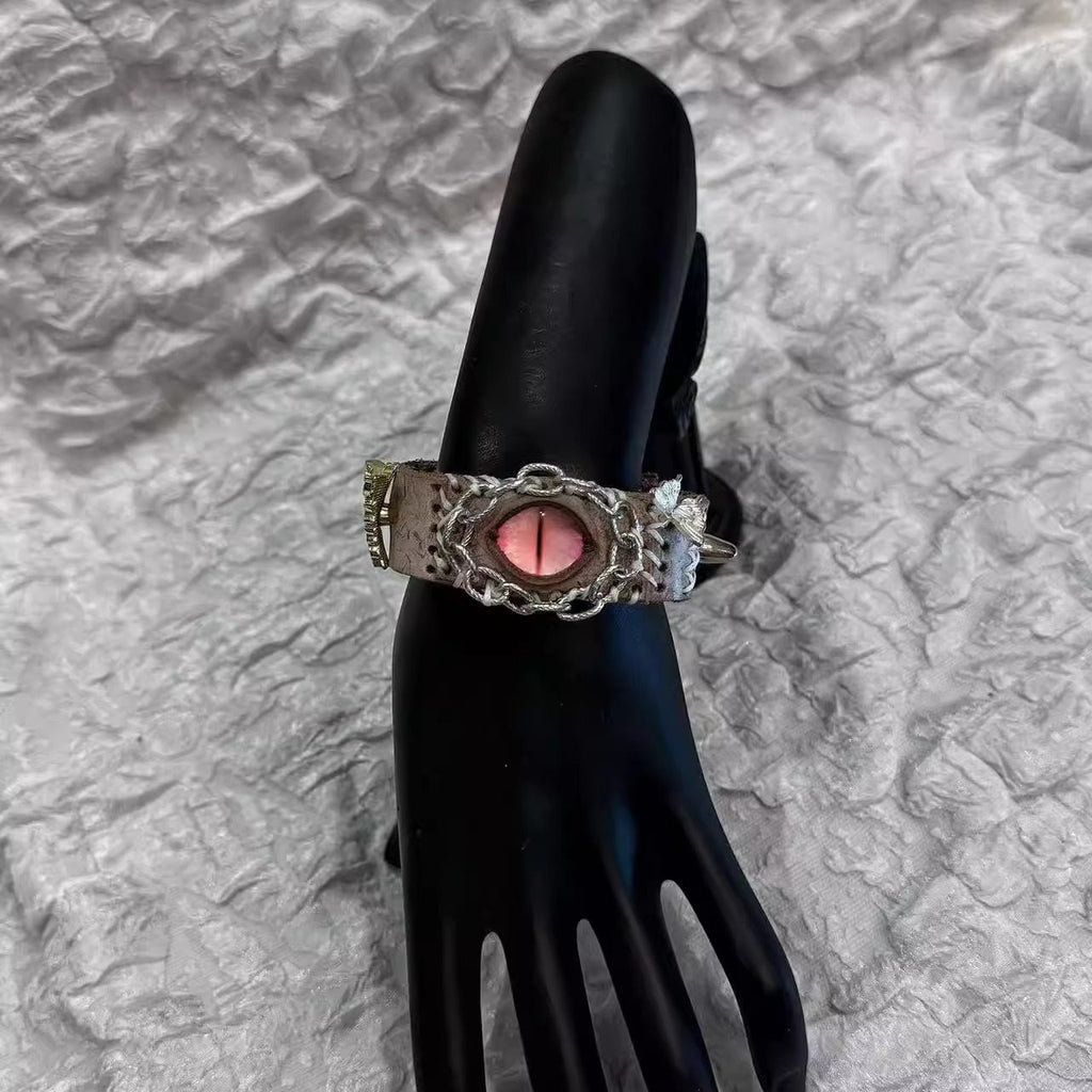 Vintage Grunge Grey Leather Bracelet - Pink Dragon Eye Cuff with Gold Moth Charms - Fairy Grunge Fantasy Wristband
