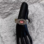 Vintage Grunge Grey Leather Bracelet - Pink Dragon Eye Cuff with Gold Moth Charms - Fairy Grunge Fantasy Wristband
