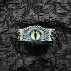Ancient Grey Leather Dragon Eye Bracelet - Blue Runic Pattern Cuff - Nordic Viking Style Wristband - Vintage Brass Studs