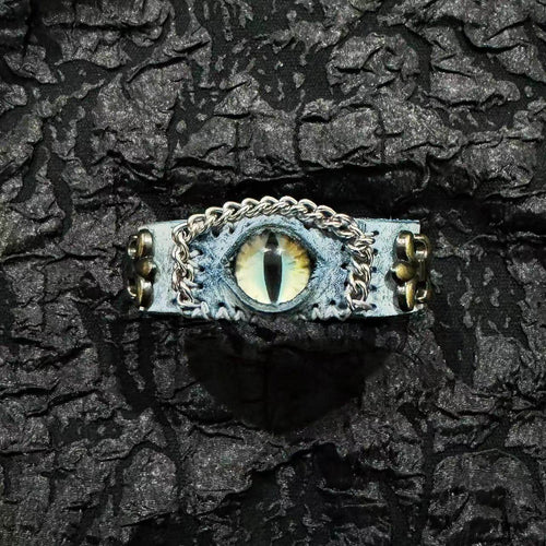 Ancient Grey Leather Dragon Eye Bracelet - Blue Runic Pattern Cuff - Nordic Viking... - Crux Jewelry product image 2