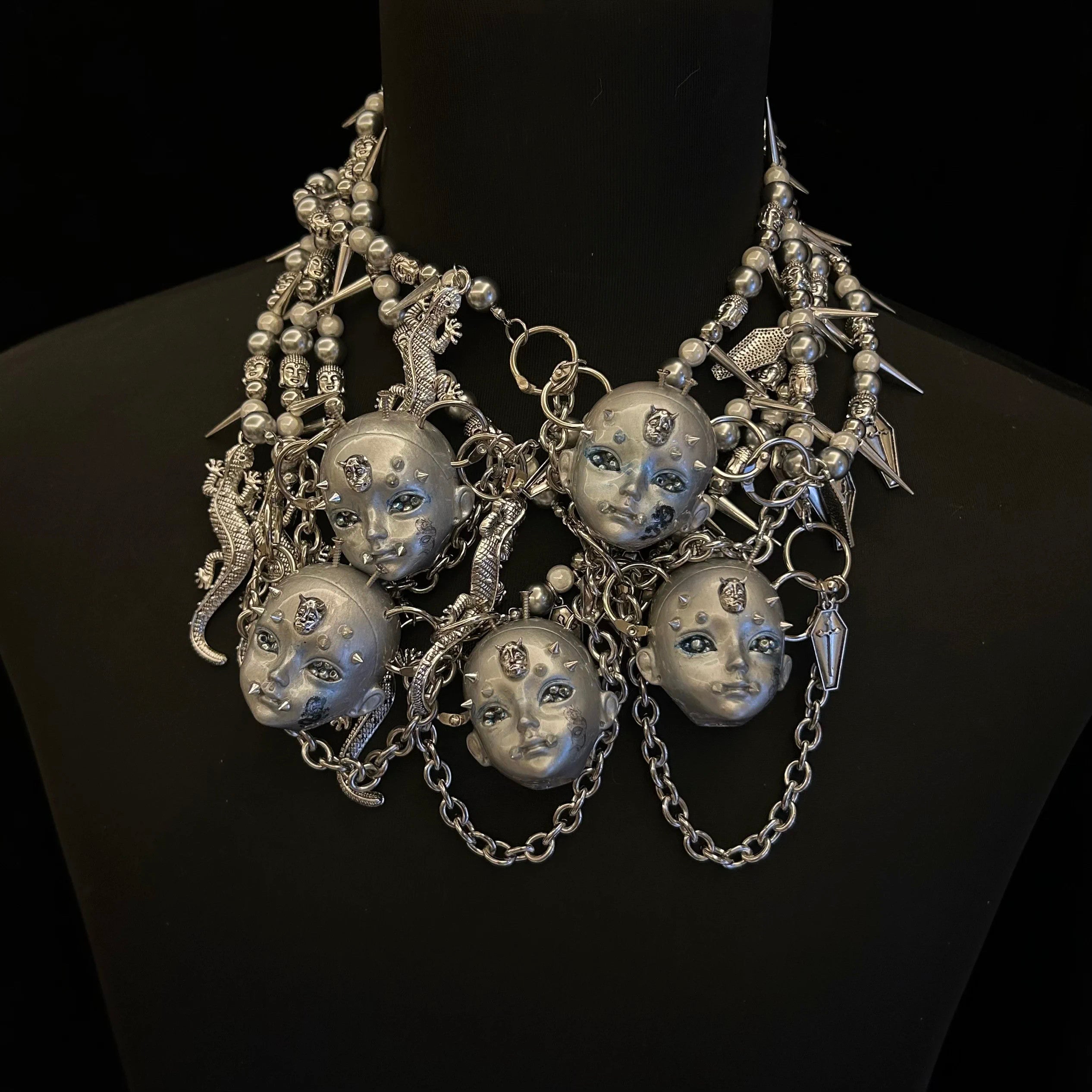 Silver Metallic "Third Eye" Crying Doll Face Choker - Black Leather & Gothic Cross Studs