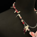 Bloody "Ghost Bride" Butterfly Doll Face Necklace - Double Happiness Symbol & Coffin Charm