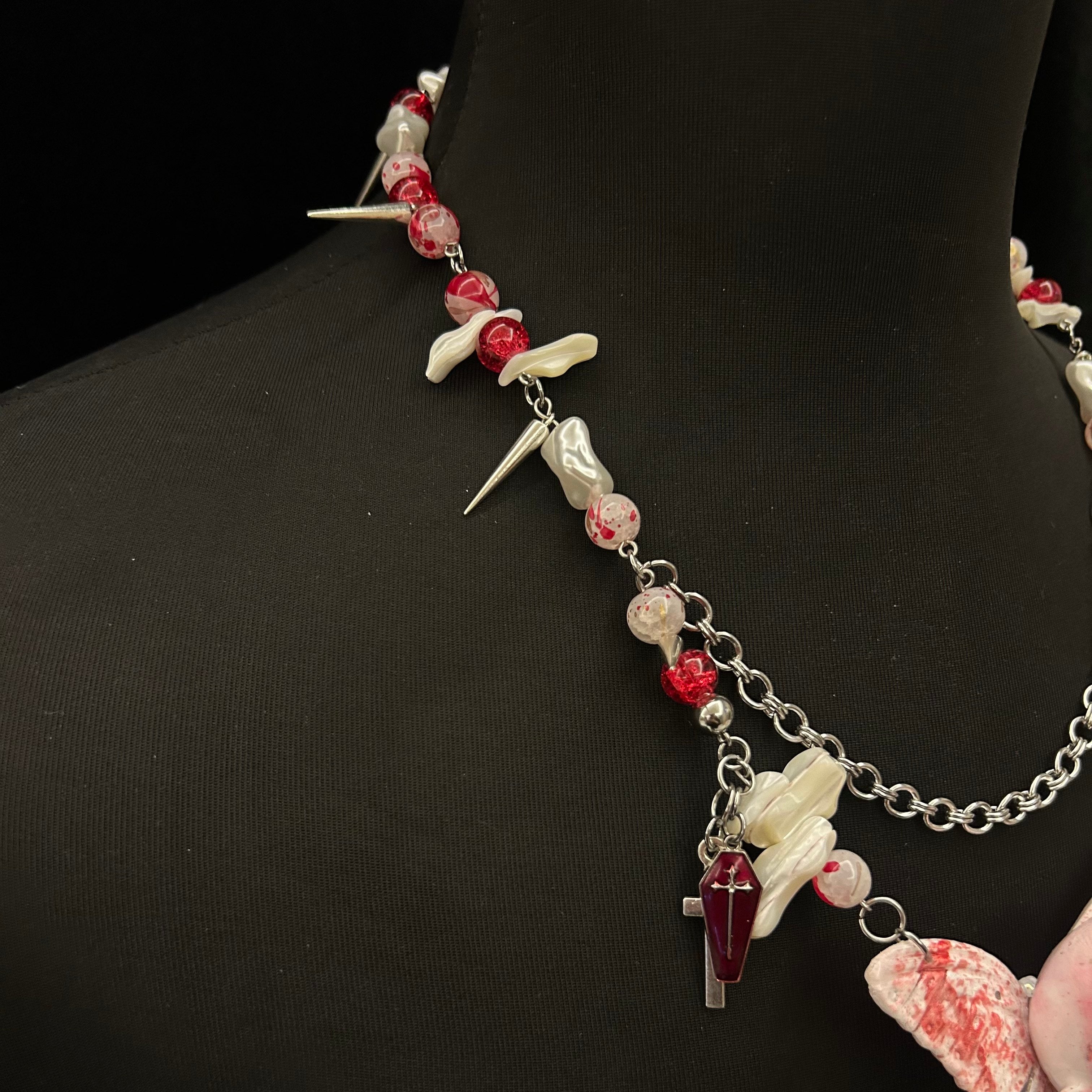 Bloody "Ghost Bride" Butterfly Doll Face Necklace - Double Happiness Symbol & Coffin Charm