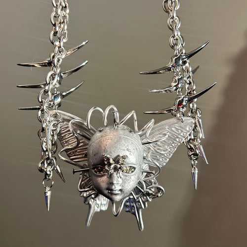 Cyberpunk Silver Metallic Butterfly Doll Face Necklace - Wire Wrapped & Spiked Chains - Crux Jewelry product image 2