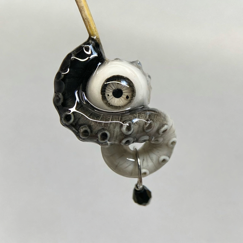 Cthulhu Eye – Monochrome Black & Gray Tentacle Earrings with Realistic Eyeball - Crux Jewelry product photo