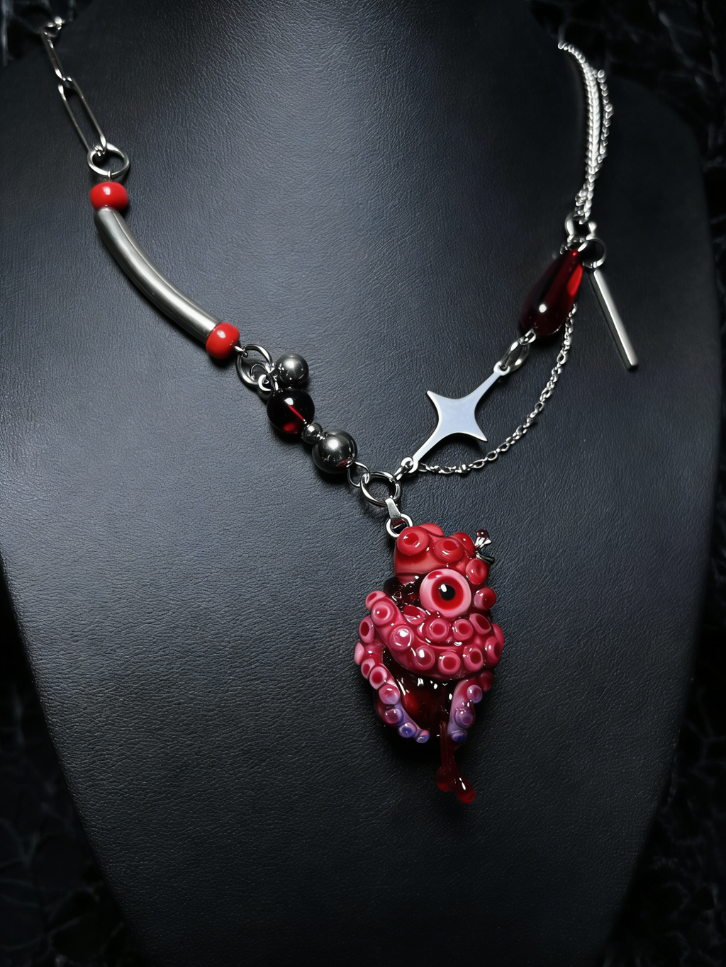 Trapped in Medicine Jar Necklace - Red Tentacle Specimen & Silver Cross