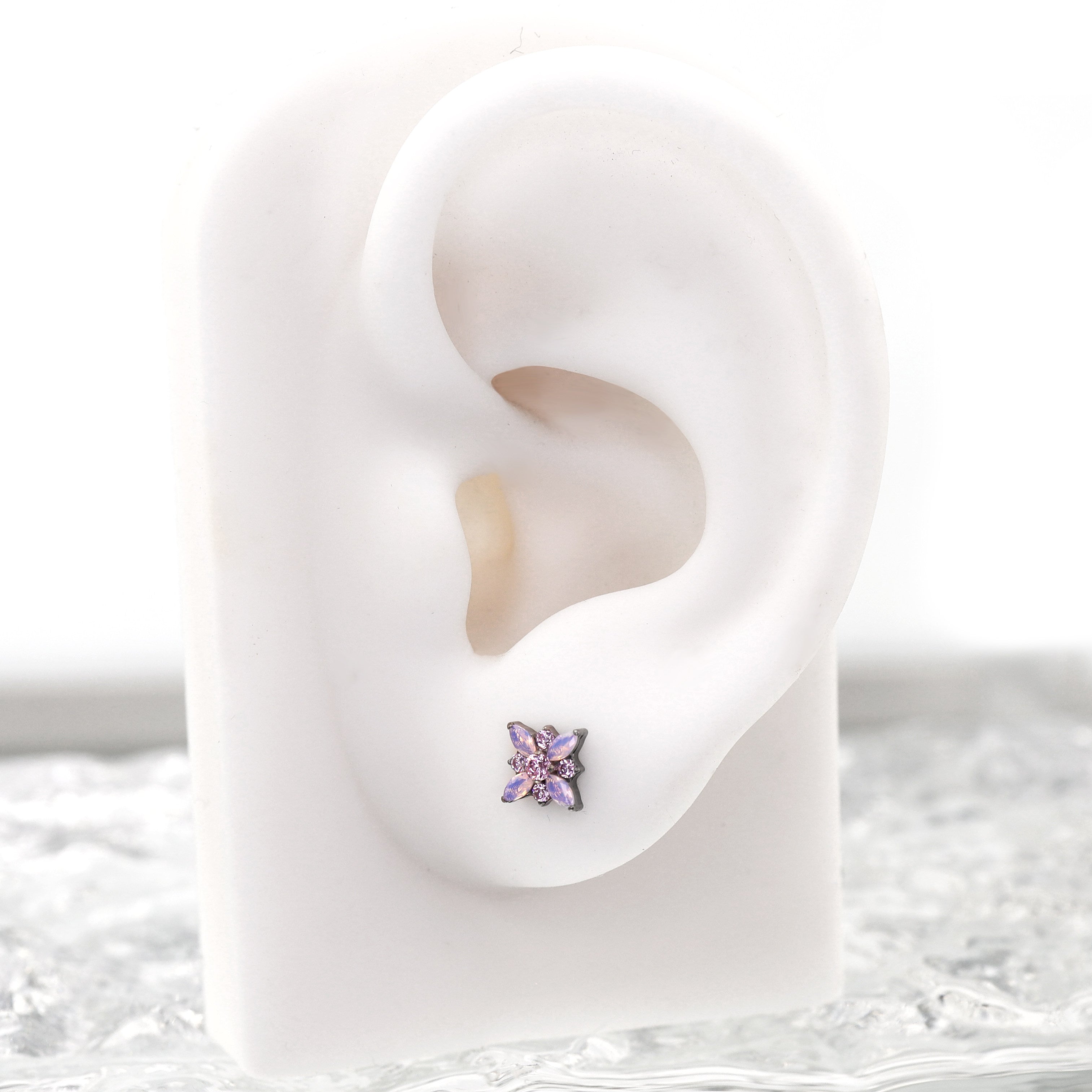 Dainty Pink & Blue Floral Opal Stud - Sweet Implant Grade Titanium Ear & Lip Piercing