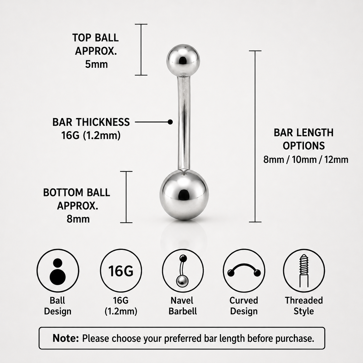 Klassischer Bauchnabelring aus Titan mit Innengewinde 