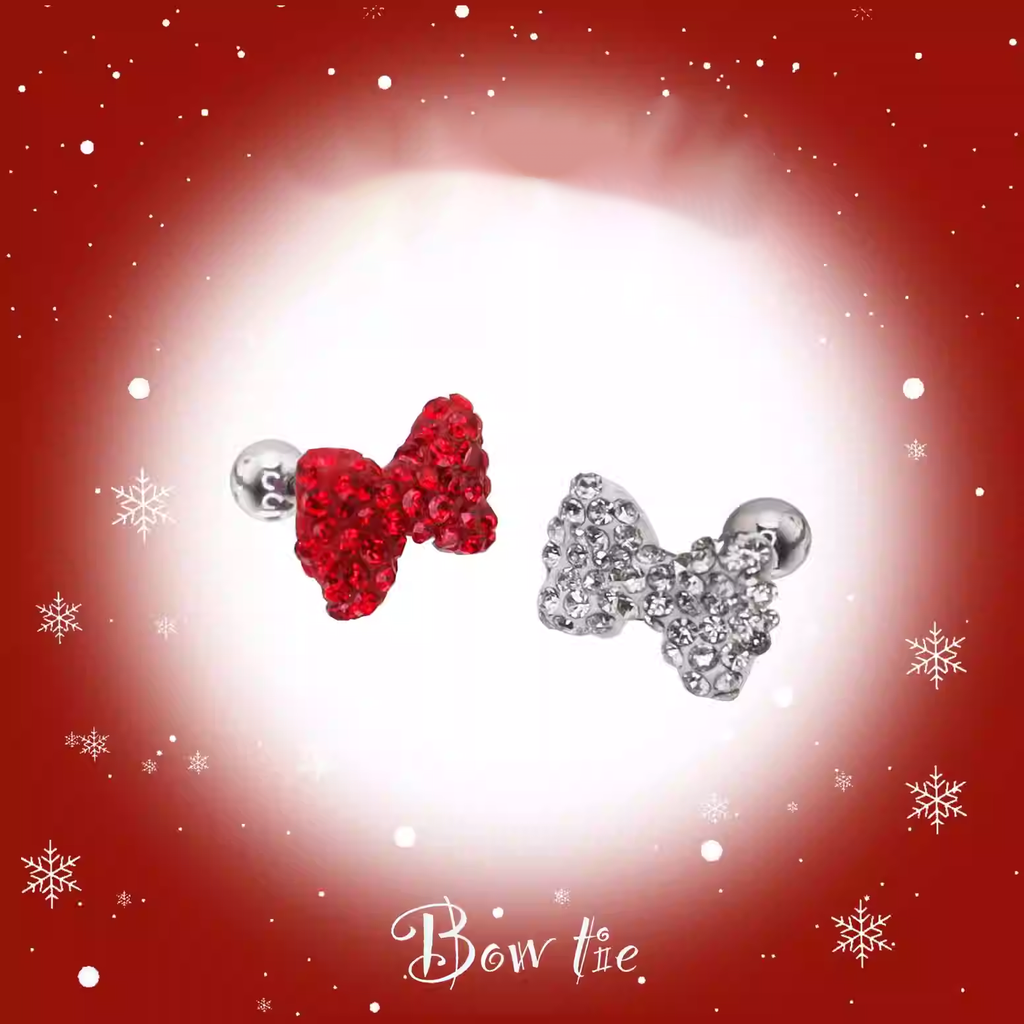 Christmas - High-Shine Full CZ Bow Tie Stainless Steel Ear Studs - Christmas - High-Shine Full CZ Bow Tie Stainless Steel Ear Studs - White / Single / 0.8mm/20G by CRUXJEWELRY