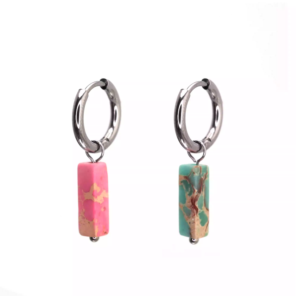 Eastern Aesthetics - Serene Jade & Artisan Ink Wash Jade Earrings - Eastern Aesthetics - Serene Jade & Artisan Ink Wash Jade Earrings - Pink & Green by CRUXJEWELRY