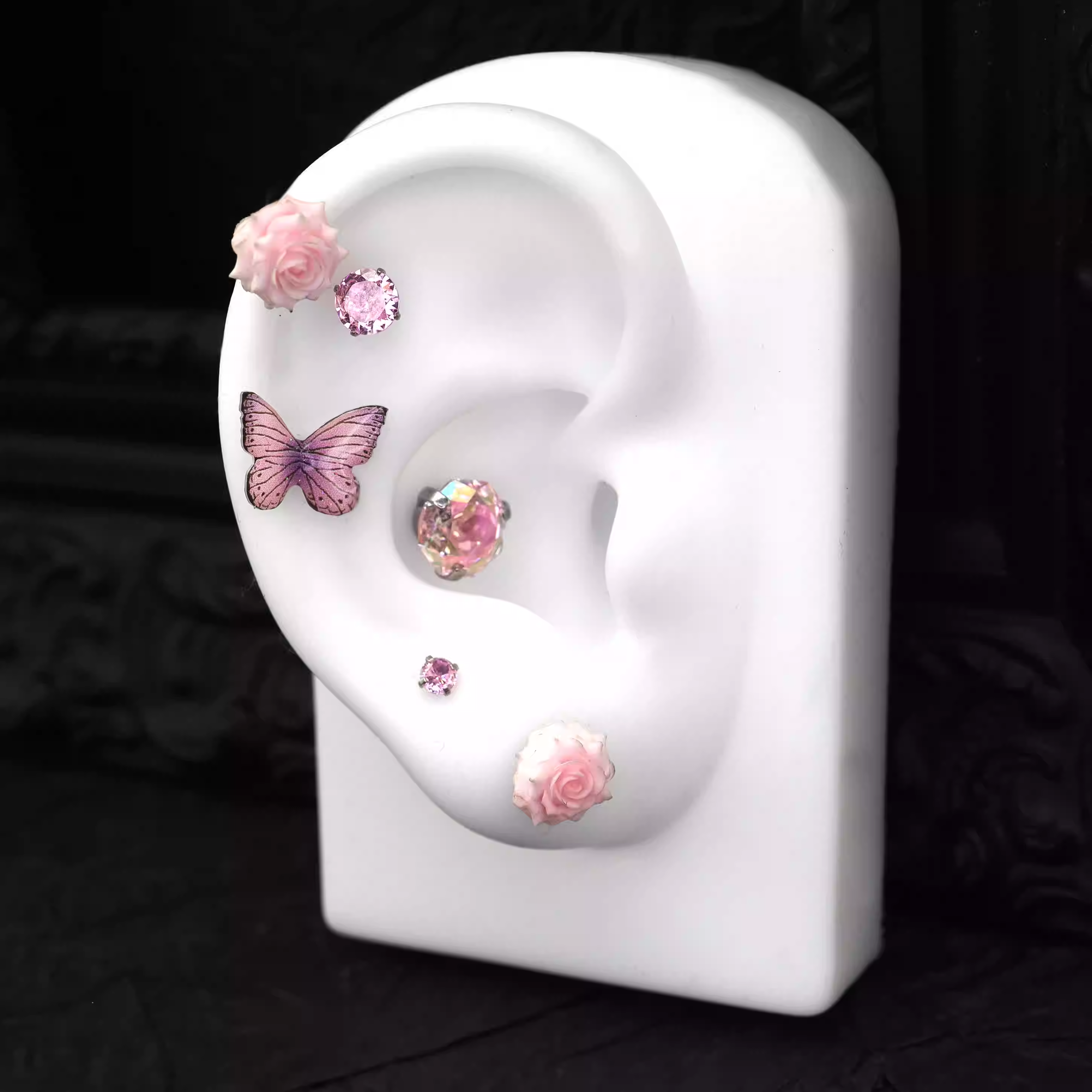 Butterfly Floral Earrings Rose Pink Cartilage & Helix Look - Butterfly Floral Earrings Rose Pink Cartilage & Helix Look - Butterfly by CRUXJEWELRY