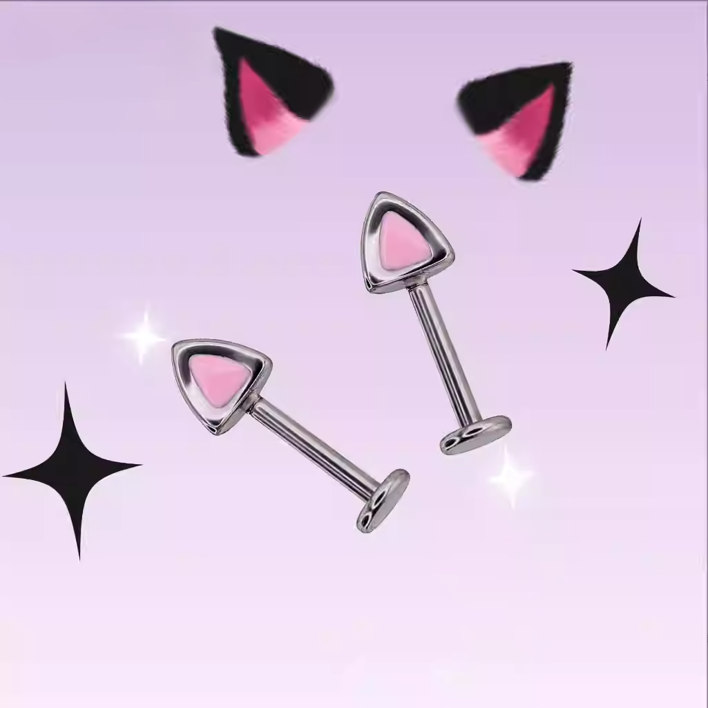 Paws & Purrs - Blue and Pink Cat Ear Stainless Steel Internally Threaded Helix Studs - Paws & Purrs - Blue and Pink Cat Ear Stainless Steel Internally Threaded Helix Studs - Blue / Single / 6mm by CRUXJEWELRY