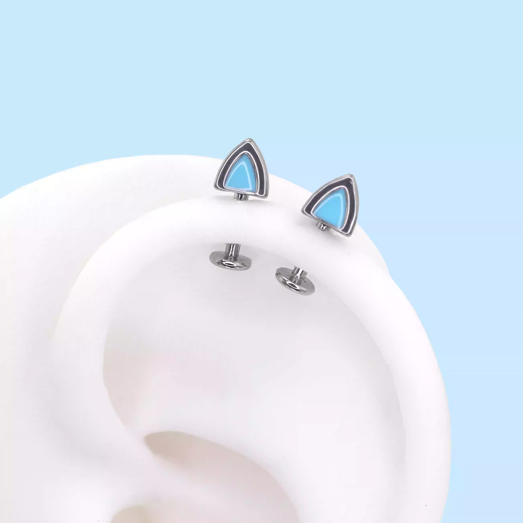 Paws & Purrs - Blue and Pink Cat Ear Stainless Steel Internally Threaded Helix Studs - Paws & Purrs - Blue and Pink Cat Ear Stainless Steel Internally Threaded Helix Studs - Blue / Single / 6mm by CRUXJEWELRY