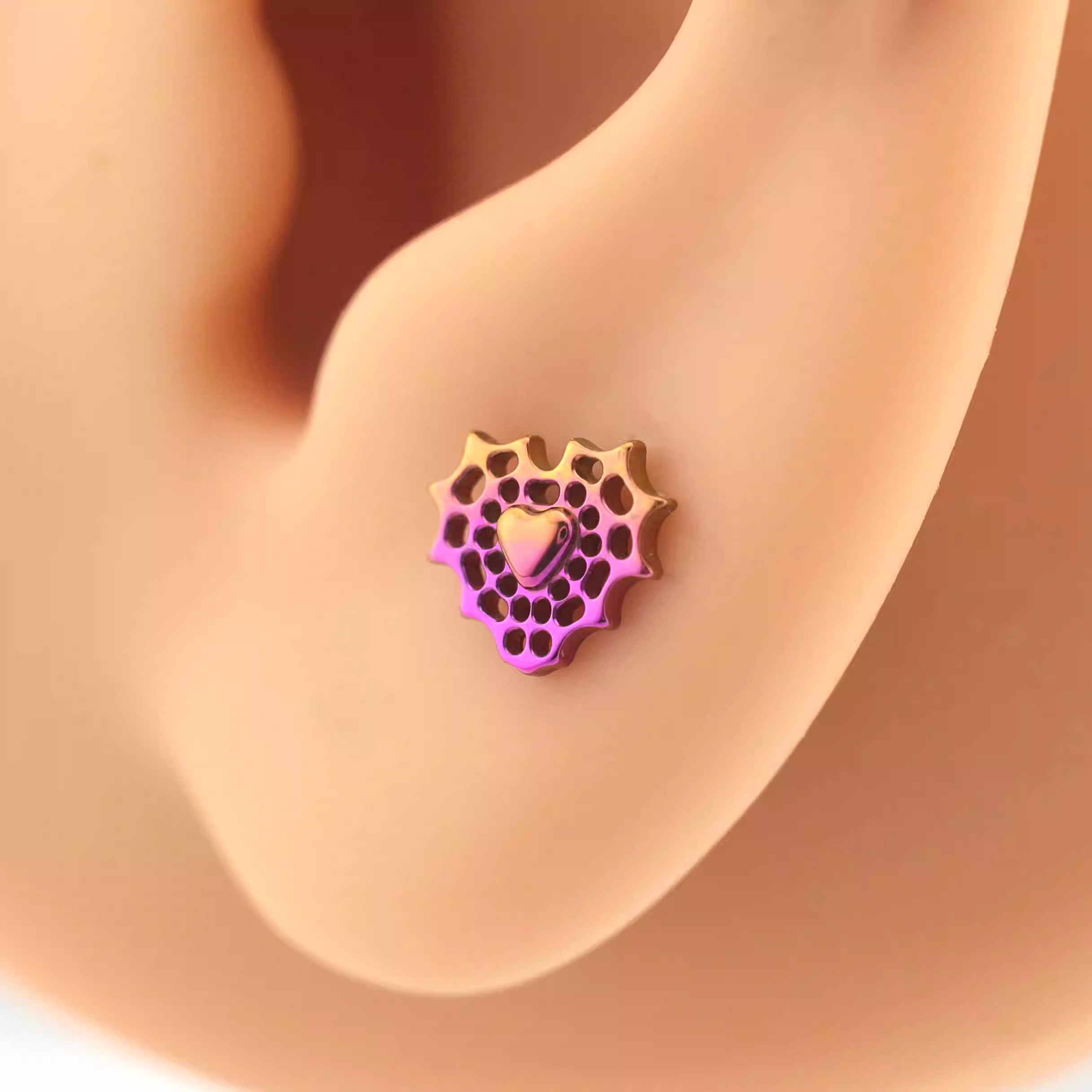Openwork Spider Web Heart Titanium Ear Studs - Openwork Spider Web Heart Titanium Ear Studs - Pink / 6mm by CRUXJEWELRY