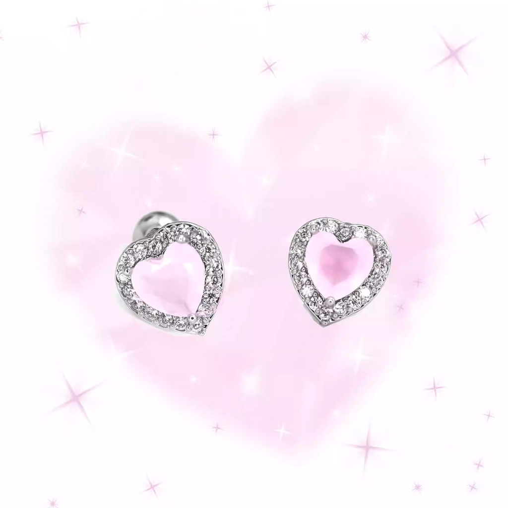 PAIR OF Pink Heart CZ Micro-Pave Thin Gauge Ear Studs - PAIR OF Pink Heart CZ Micro-Pave Thin Gauge Ear Studs - 6mm by CRUXJEWELRY