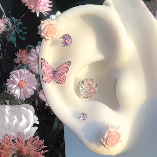 Butterfly Floral Earrings Rose Pink Cartilage & Helix Look - product overview