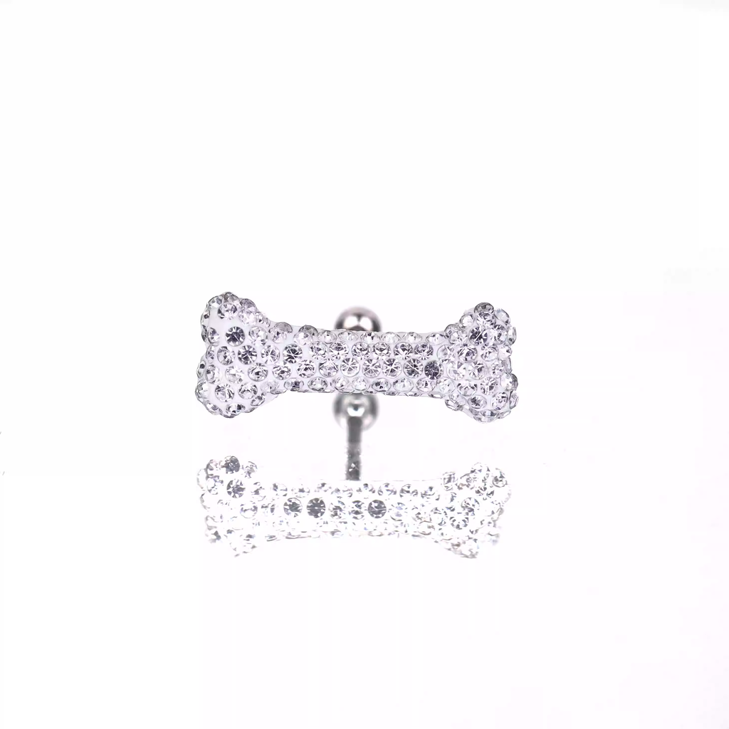 Paws & Purrs - Large Puppy's Bone Full Crystal Stainless Steel Ear Studs - Paws & Purrs - Large Puppy's Bone Full Crystal Stainless Steel Ear Studs - White / 0.8mm/20G by CRUXJEWELRY