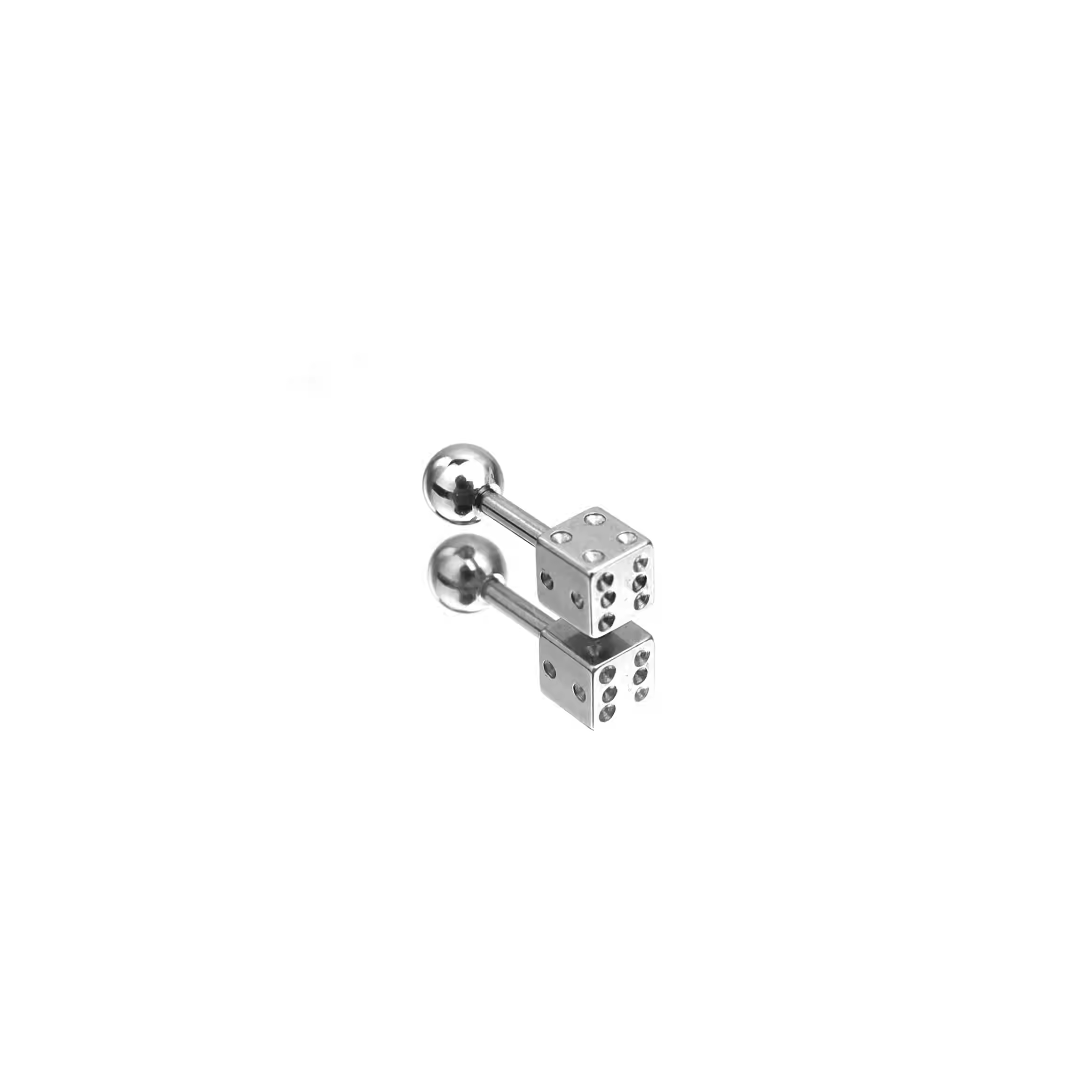 Silver Double-End Dice Externally Threaded Stainless Steel Ear Studs - Ball-End