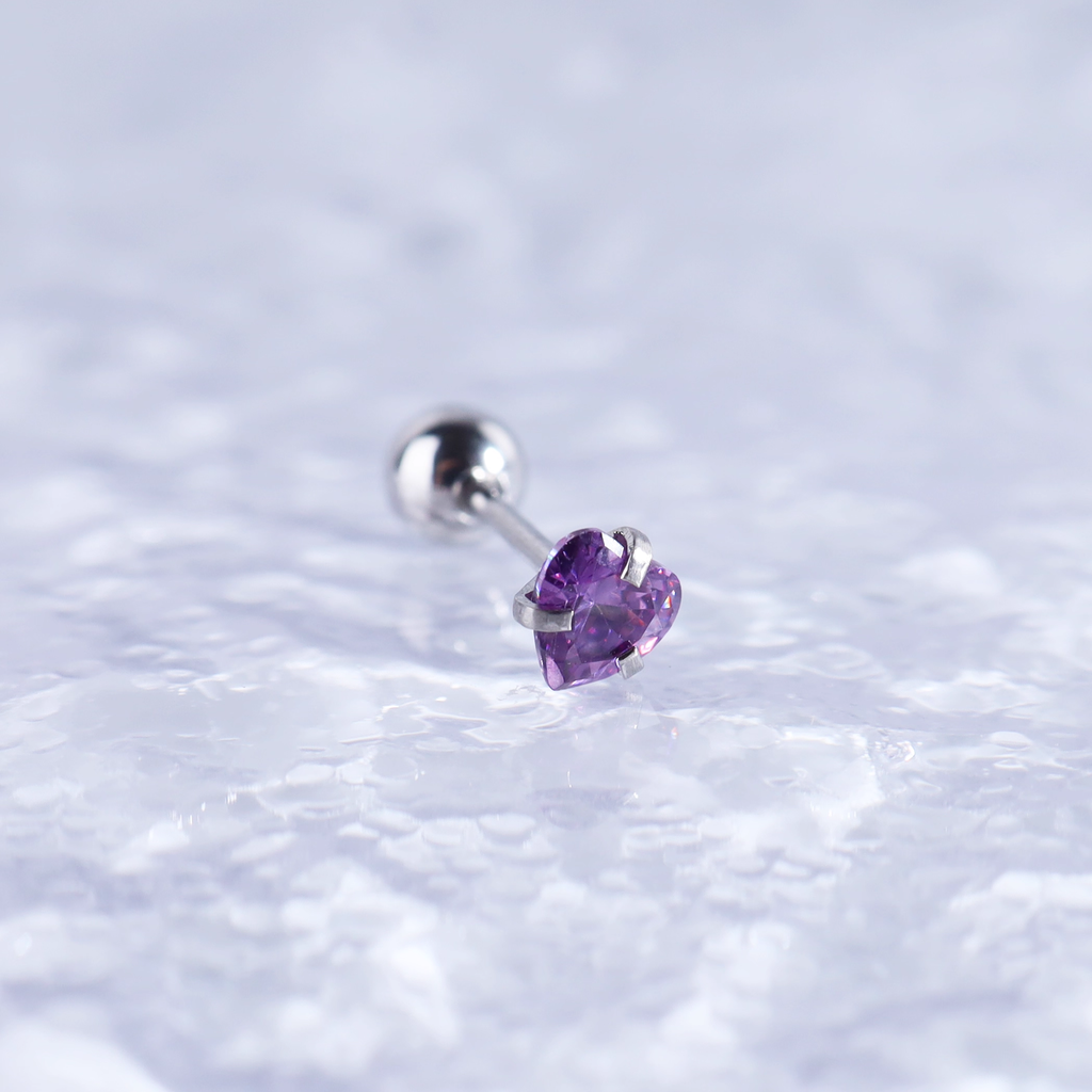 Iridescent Heart CZ Stainless Steel Ball-Back Studs - Iridescent Heart CZ Stainless Steel Ball-Back Studs - Purple by CRUXJEWELRY