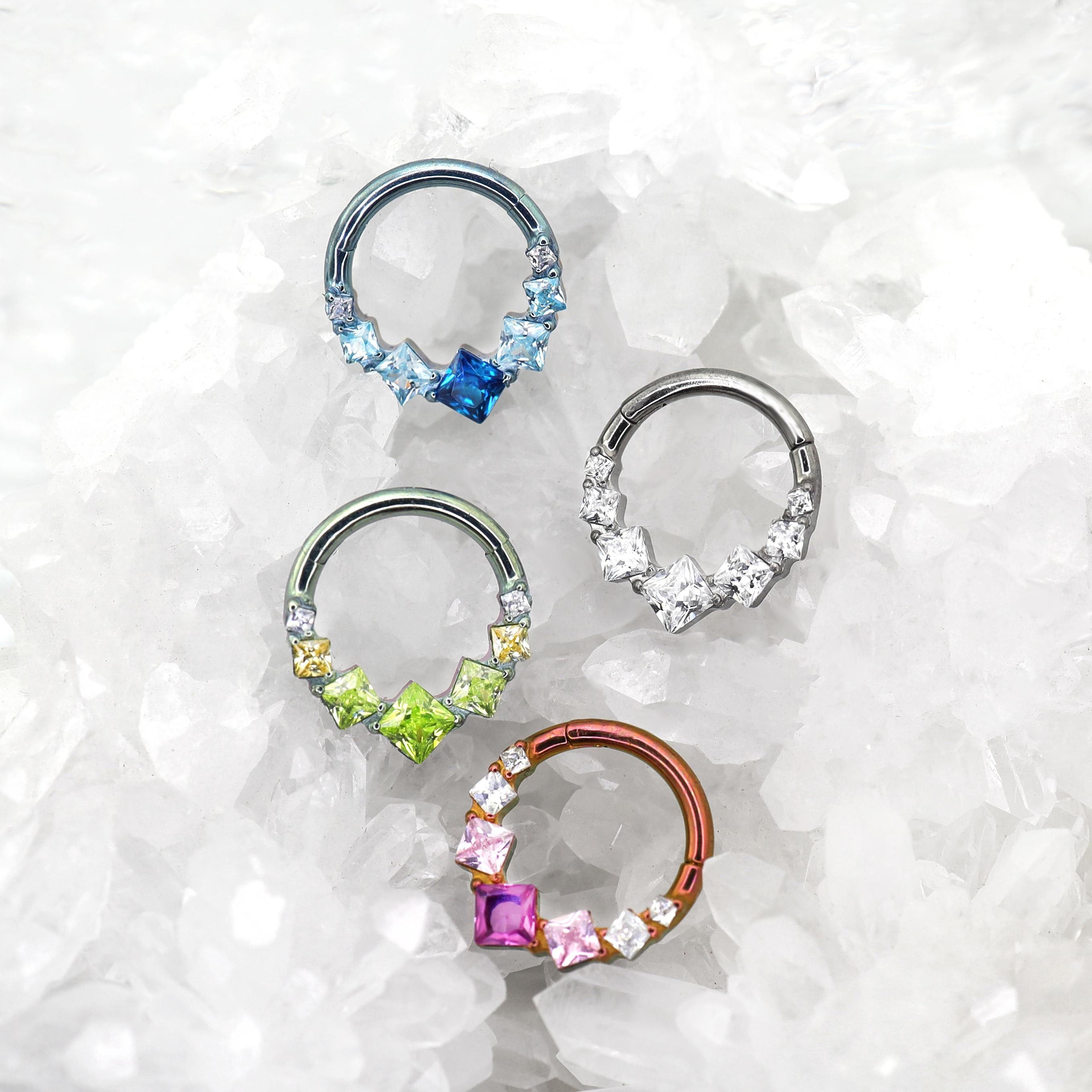 Square-Shaped Rainbow CZ Titanium Segment Hoop - Square-Shaped Rainbow CZ Titanium Segment Hoop - White by CRUXJEWELRY