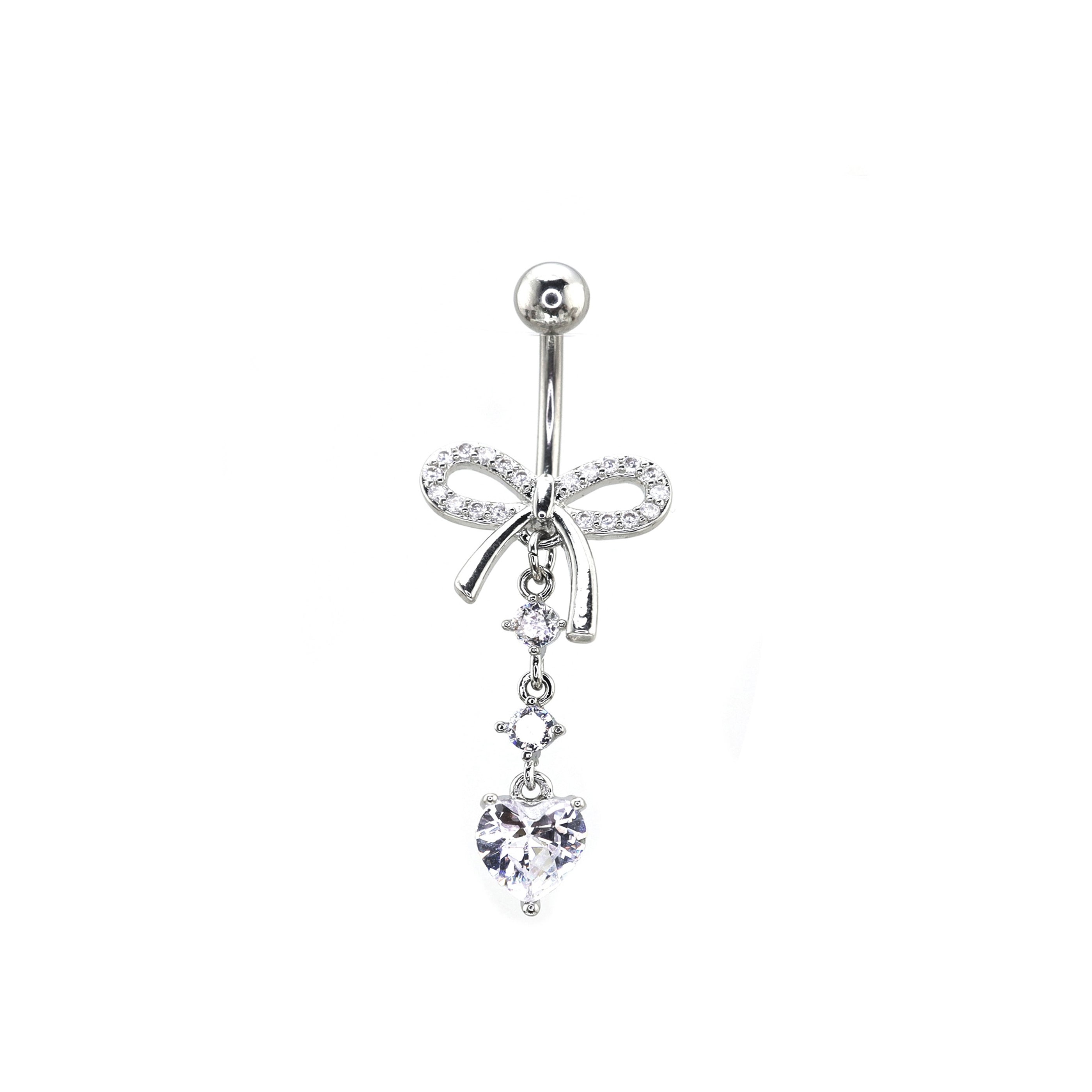 Heart-shaped CZ bow tie Dangle Belly Ring - Heart-shaped CZ bow tie Dangle Belly Ring - radiant-white by CRUXJEWELRY
