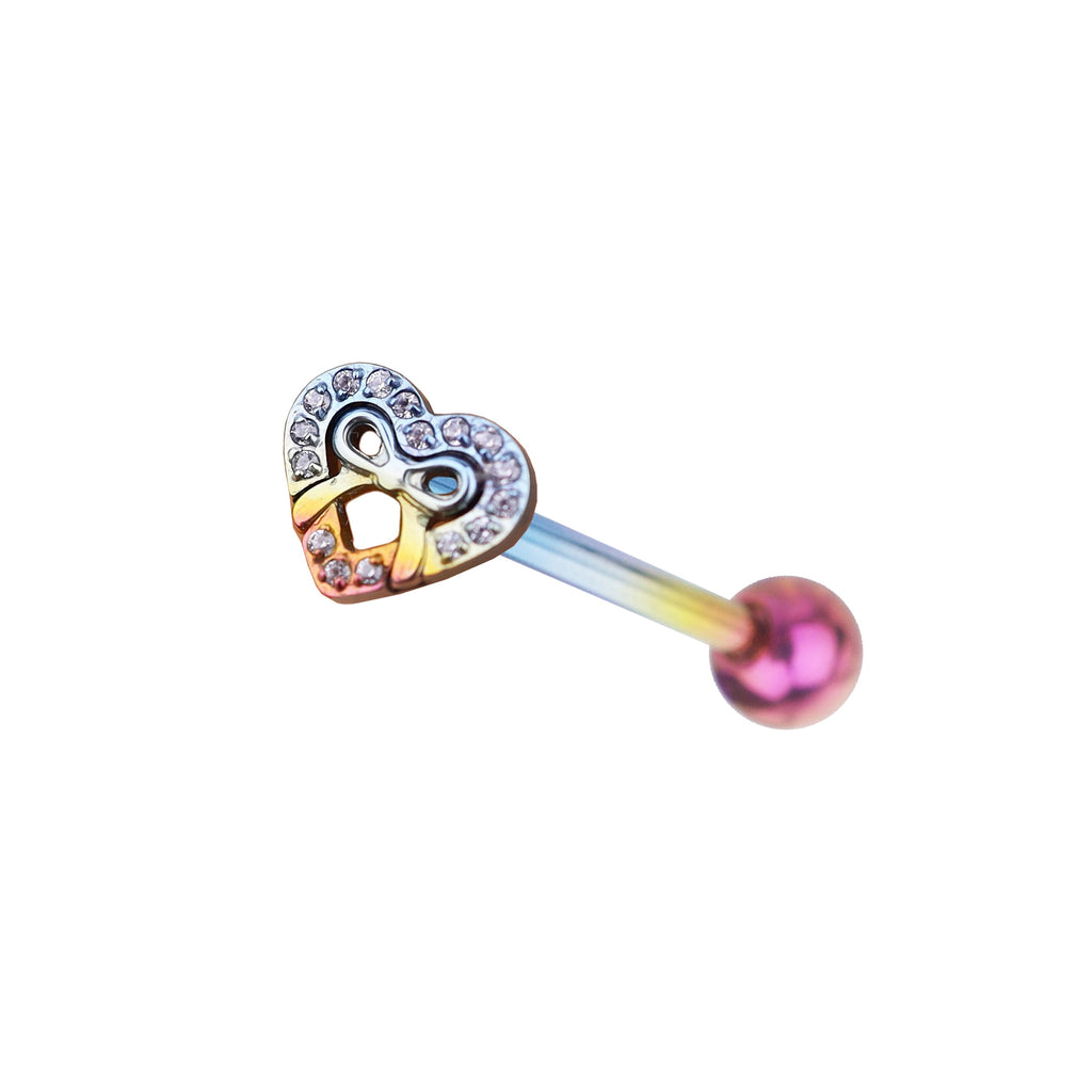Heart Bow Tie CZ Titanium Tongue Stud - Heart Bow Tie CZ Titanium Tongue Stud - Rainbow / 10mm by CRUXJEWELRY