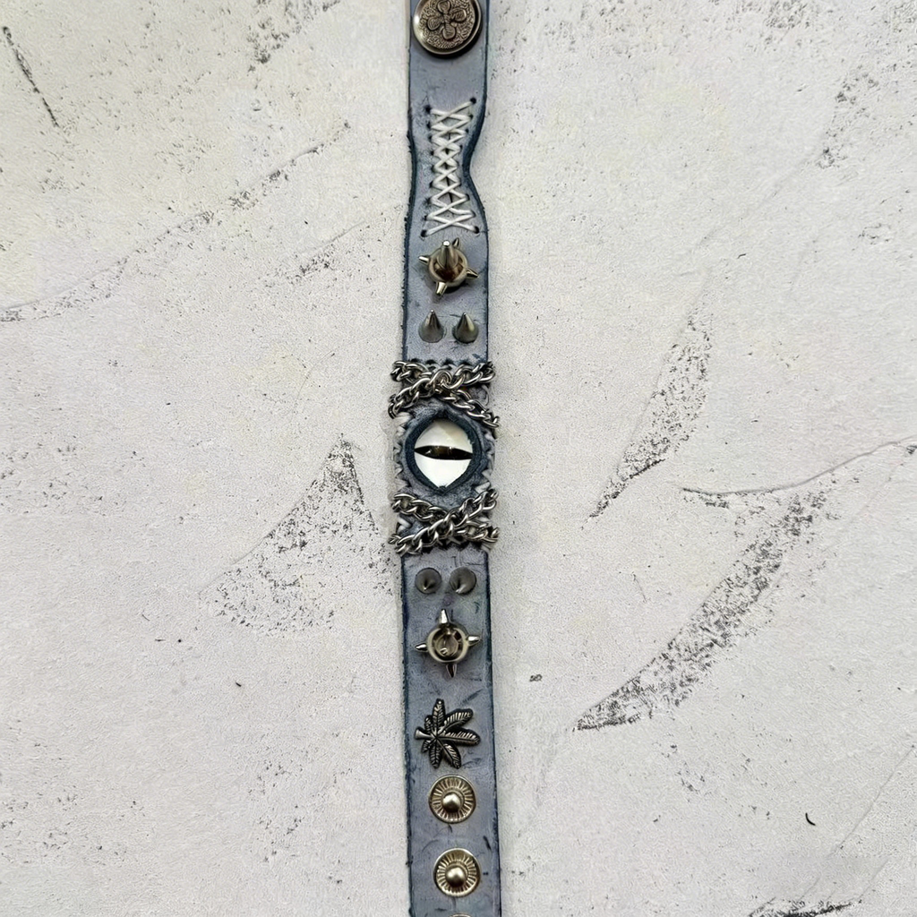 Gothic Acid Wash Blue Leather Bracelet - White Dragon Eye Spiked Cuff - Grunge Silver Chain Wristband - Winter Punk Aesthetic