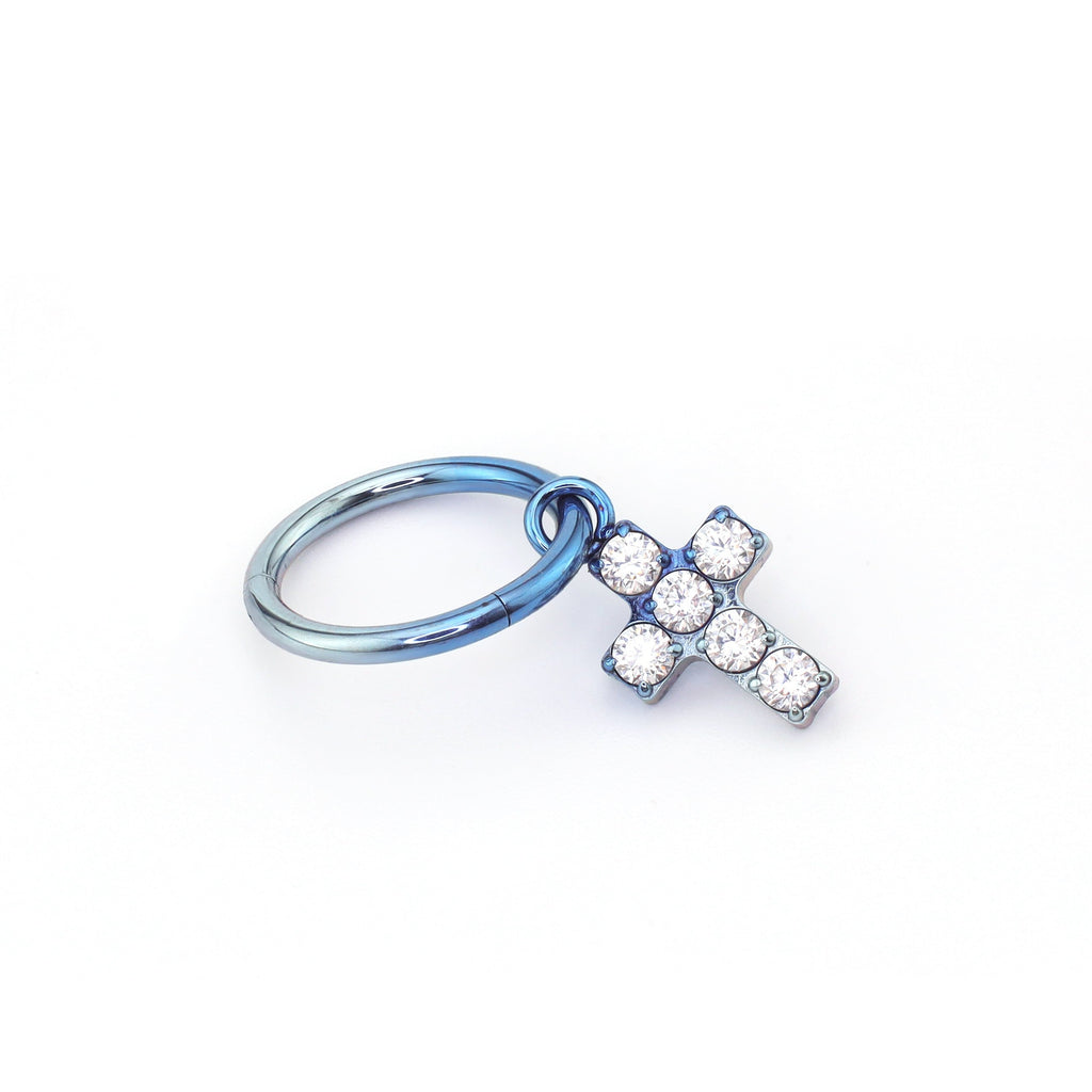 Cross Pendant CZ Titanium Ear Segment Hoop - Cross Pendant CZ Titanium Ear Segment Hoop - Blue-White Gradient / 6mm by CRUXJEWELRY