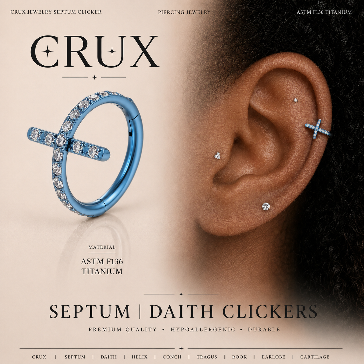 Titanium Cross CZ Septum Clicker