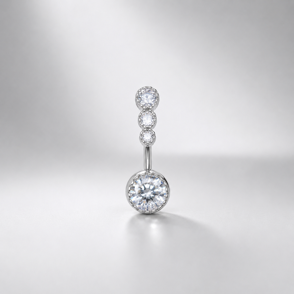 Anneau de nombril vintage en argent massif orné de quatre zirconias 
