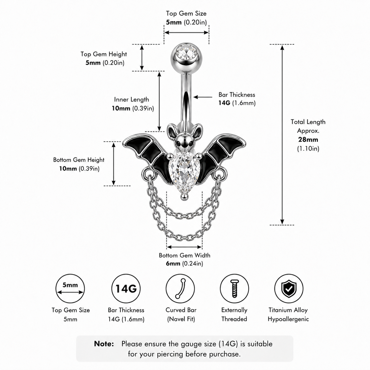 Bat CZ Dangle Belly Ring