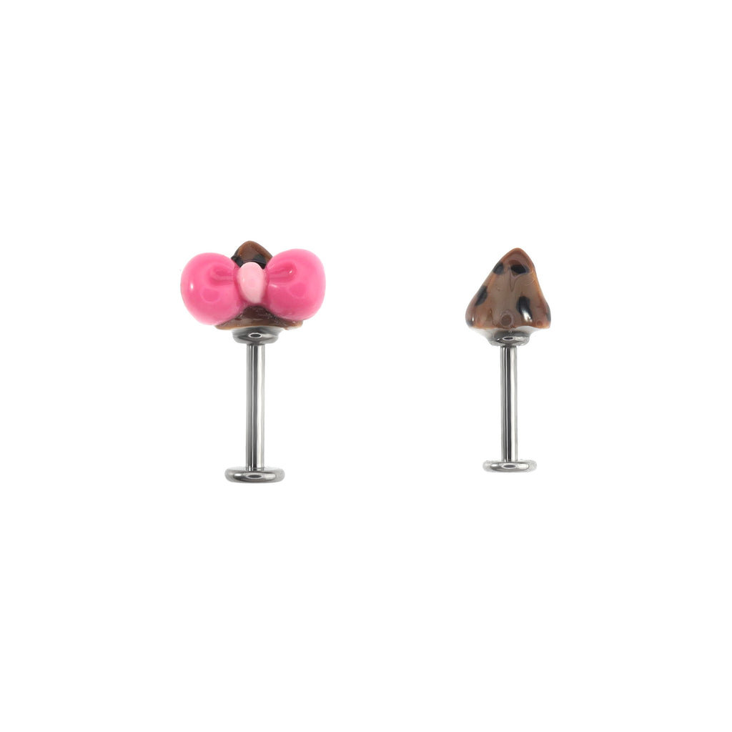Kitty Bow Leopard Print Titanium Helix Earrings - Kitty Bow Leopard Print Titanium Helix Earrings - Pink Kitty / 6mm by CRUXJEWELRY