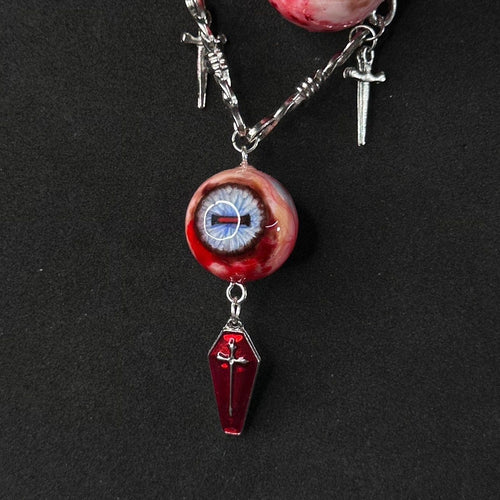 "Crown of Thorns" Red Eye Necklace - Barbed Chain & Gothic Cross