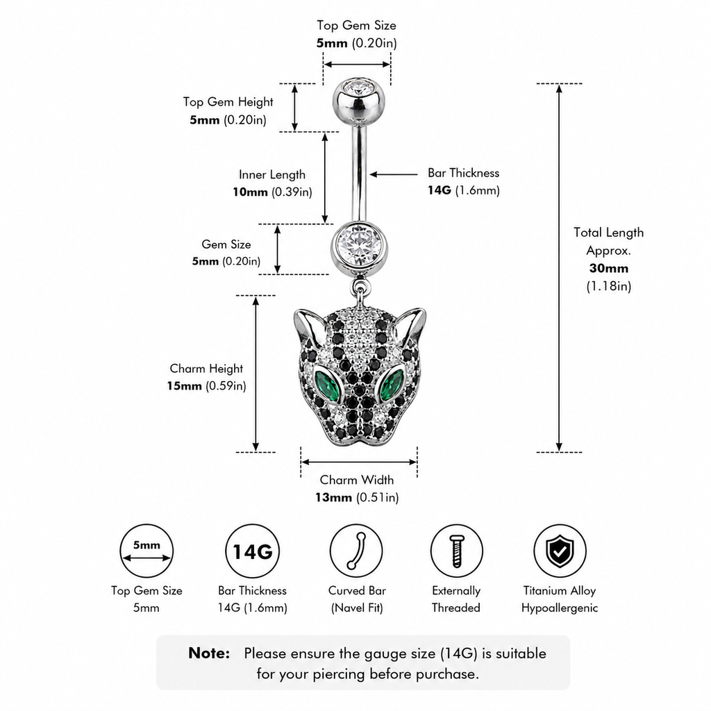 Anneau de nombril en argent sterling S925 avec tête de léopard et zirconiums cubiques 