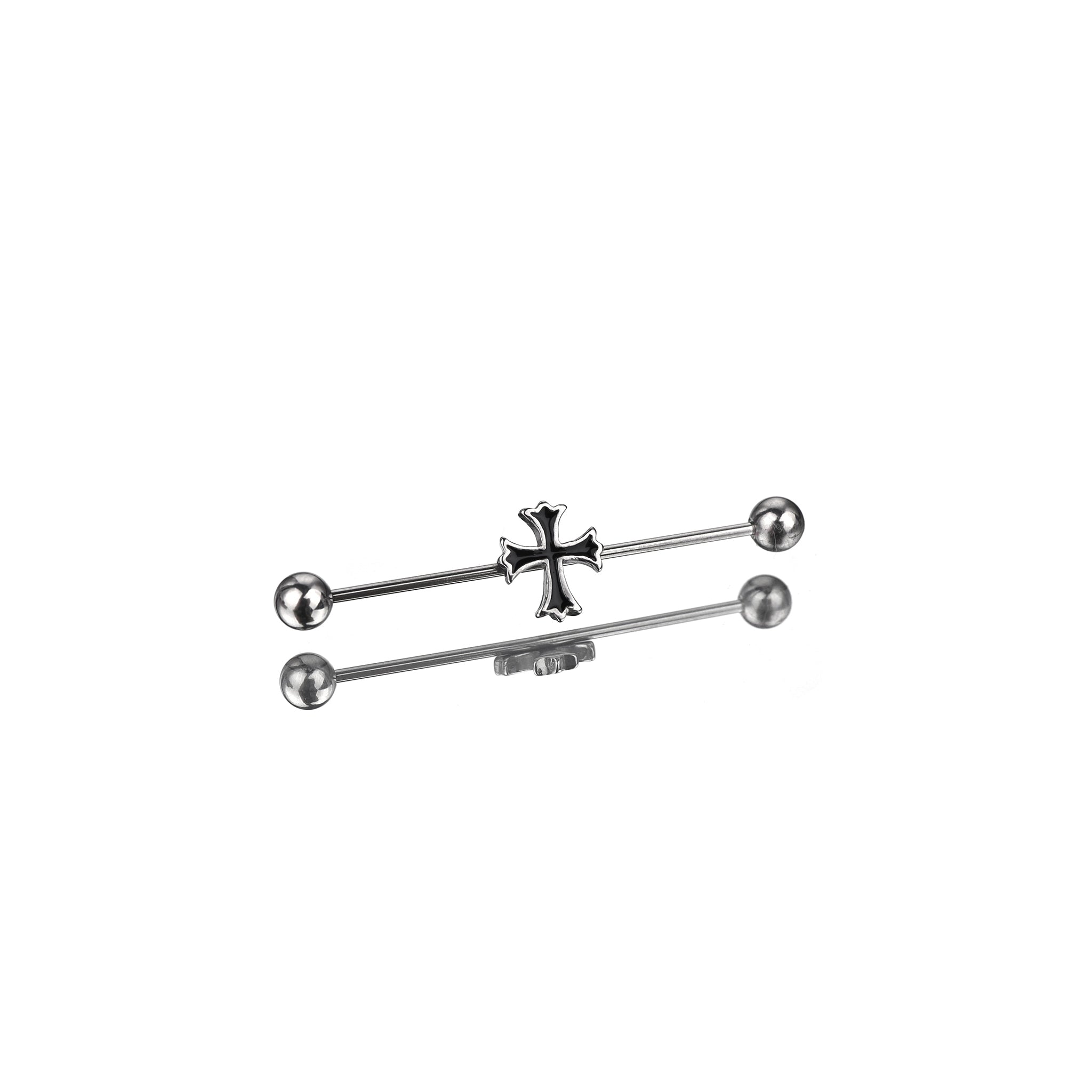 Black & White Cross Stainless Steel Industrial Barbell - Black & White Cross Stainless Steel Industrial Barbell - Sliver by CRUXJEWELRY