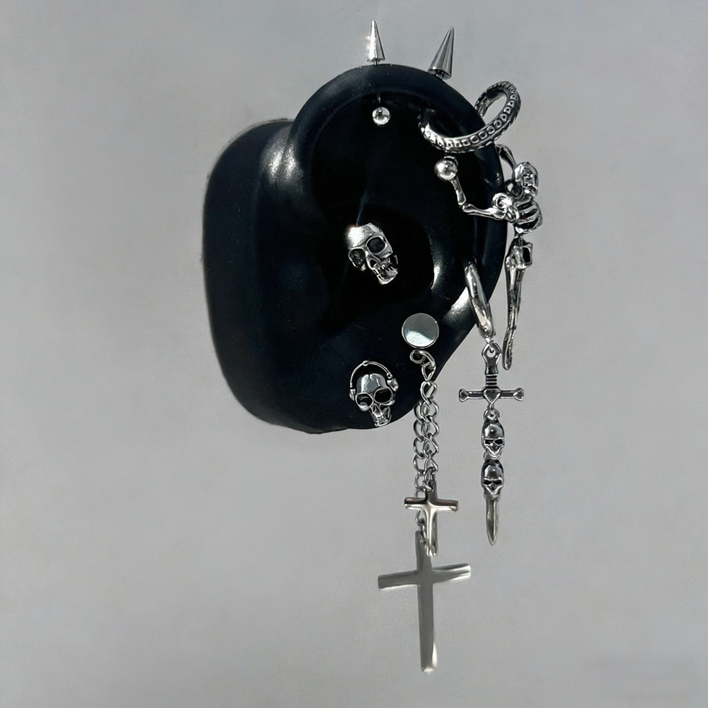 The "Dark Necromancer" Gothic Ear Stack Set - Skulls, Crosses & Tentacle Earrings Sets