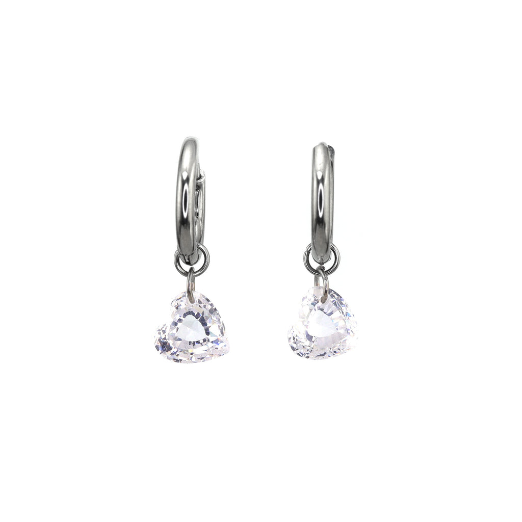 Rainbow Heart CZ Pendant Stainless steel Earrings - Rainbow Heart CZ Pendant Stainless steel Earrings - White / Set by CRUXJEWELRY