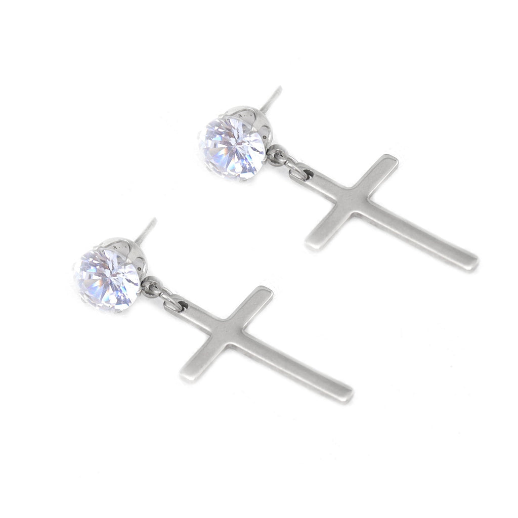 Cross CZ stainless steel Pendant Earring - Cross CZ stainless steel Pendant Earring - Pair of White by CRUXJEWELRY