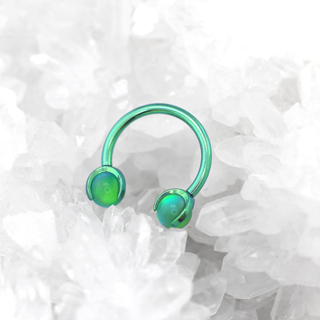 Iridescent Opal Internally Threaded Titanium Horseshoe Ring - Iridescent Opal Internally Threaded Titanium Horseshoe Ring - Emerald Green / 8mm by CRUXJEWELRY